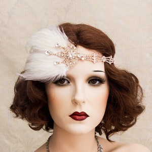 Roaring 1920s Flapper Headbands, Feather Great Gatsby Headpiece, Rose Gold Art Deco Wedding Jewelry Feather Fascinator