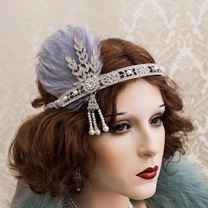 Art Deco Haarband, graue Feder Great Gatsby Haarband, Strass Feder Haarband, HOCHZEIT 1920 Schmuck Gatsby Ohrringe