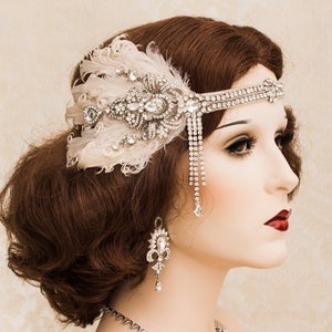 Great Gatsby Kopfschmuck mit Kristall Brosche und Blush Federn, Great Gatsby Stirnband, 1920er Art Deco Hochzeits-Accessoires
