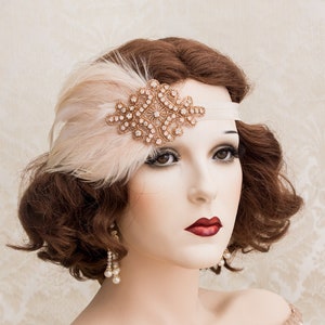 Art Deco Flapper Headband, Blush Great Gatsby Headpiece, Rose Gold Rhinestone Feather Headband, Roaring 1920&#39;s Wedding Accessories