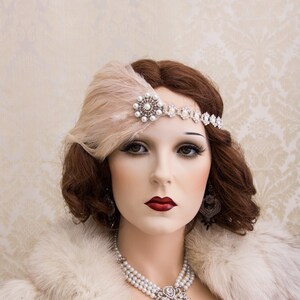 Blush Great Gatsby Headpiece, Blush Feather Pearl brooch Art Deco Headband, Daisy Costume, 1920&#39;s Accessories