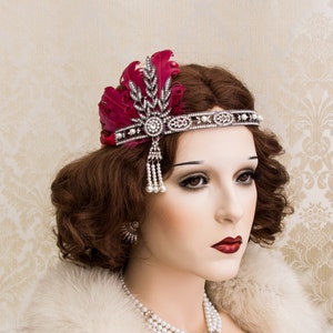 Burgunder Art Deco Stirnband, Great Gatsby Stirnband mit Federn, Flapper Haarband, Art Deco Hochzeit Kopfschmuck