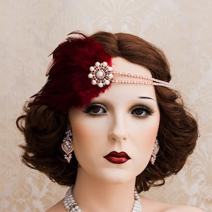 Rose Gold Great Gatsby Headpiece, Burgundy Feather Pearl Brooch Art Deco Headband, Flapper Headband, 1920&#39;s Accessories