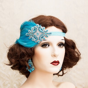 Art Deco Flapper Headband, TURQUOISE Great Gatsby Headpiece, Rhinestone Feather Headband, Roaring 1920&#39;s Wedding Accessories