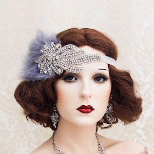 Gray Feather Great Gatsby Headpiece, Rhinestone Feather Headband, Roaring 1920&#39;s Wedding Accessories, Bridesmaids Headband