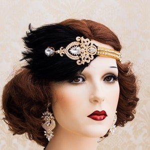 Great Gatsby Headpiece, Rhinestone Crystal Headband, Black Feather Hair Accessories, 1920s Roaring Flapper Headbands, Gatsby Earrings