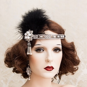 Art Deco Haarband, schwarze Feder Great Gatsby Haarband, Strass Feder Haarband, HOCHZEIT 1920 Schmuck Gatsby Ohrringe