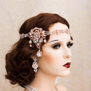 Rose Gold Rhinestone Headband, Great Gatsby Headpiece, Art Deco Jewelry, Gatsby Earrings, Roaring 1920s Flapper Accessories