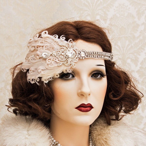 Art Deco Wedding Headband, 1920s Great Gatsby Headpiece with ivory Feathers, Great Gatsby Headband, Gatsby Bride Flapper Hair Piece