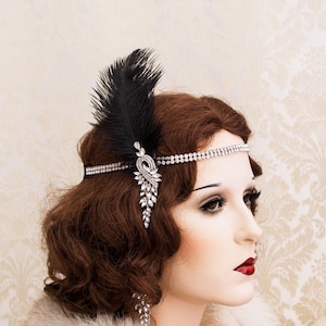 Retro Great Gatsby Hair Piece, 1920s Roaring Flapper Headband, Gatsby Headpiece, Art Deco Rhinestone Feather Headpiece