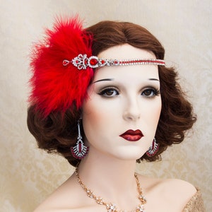 Red Crystal Feather Headpiece: Art Deco Flapper Headband