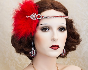 Red Crystal and feather Headpiece, Great Gatsby Headband, feather Hair Piece, Art Deco headband, new Year Accessories, Art Deco Red Earrings