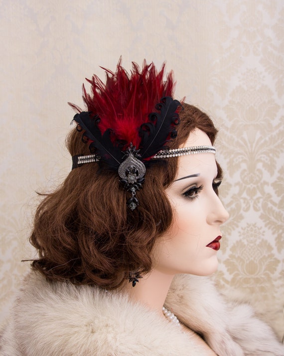 Burgundy Feather Flapper Headband: 1920s Art Deco Rhinestone  display picture 3