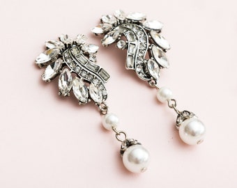 Bridal Pearl Earrings, Great Gatsby Earrings, Art Deco Earrings, 1920s Jewelry, Roaring 20s Earrings