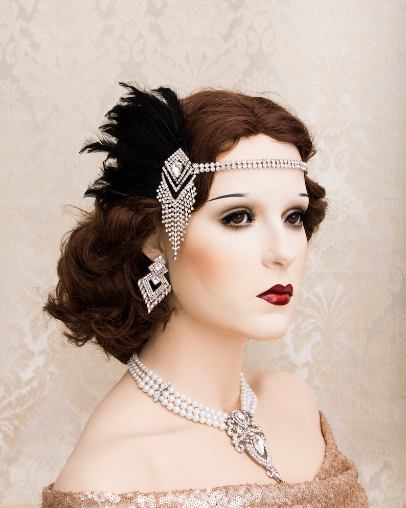 Art Deco 1920s Roaring Flapper Headbands, Feather Great Gatsby Headpiece, Rhinestone Crystal Headband, Flapper Accessories Gatsby Earrings image 1