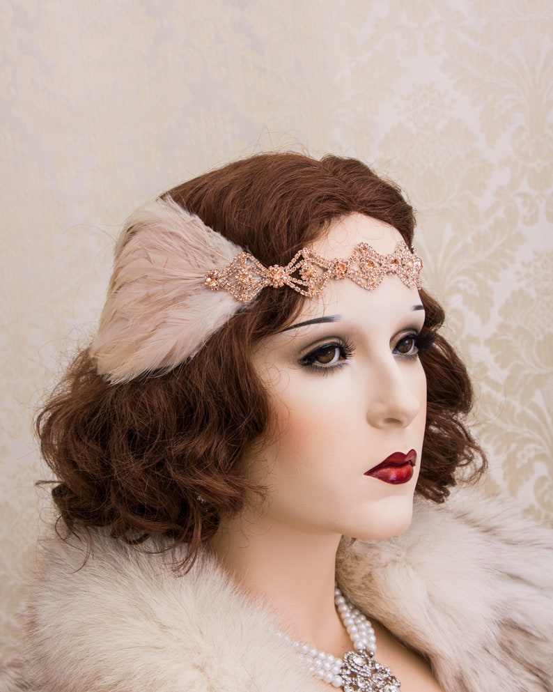 Blush Great Gatsby Headpiece, Rose Gold Art Deco Headband, Roaring 1920's Accessories Jewelry, New Year's Party Earrings image 4