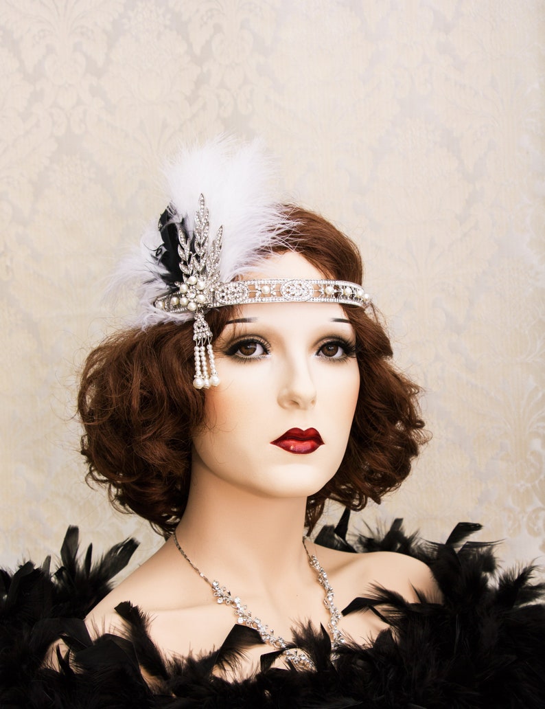 Silver Flapper Headband Great Gatsby Feather Headpiece Art Deco Headband 1920's Accessories image 4