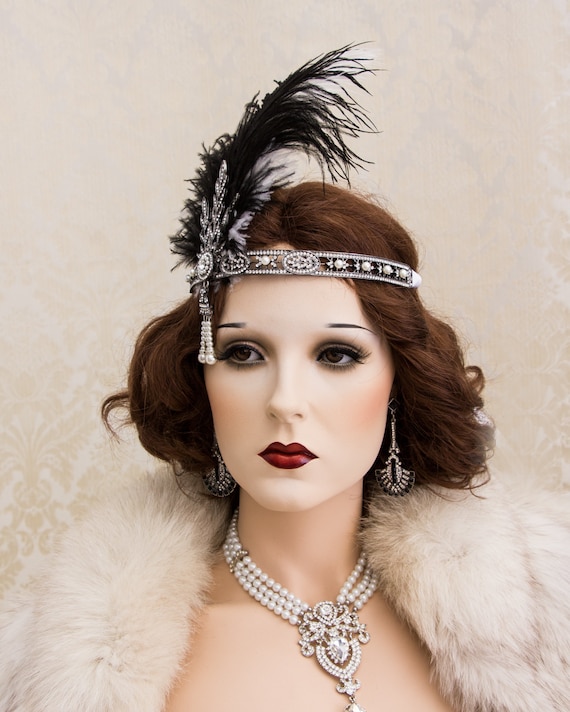 Great Gatsby Headband With Ostrich Feathers, Art Deco  display picture 3