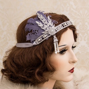 Silver Flapper Headband with Dusty Purple Feathers Great Gatsby Headband Great Gatsby Costume 1920's Headband image 4