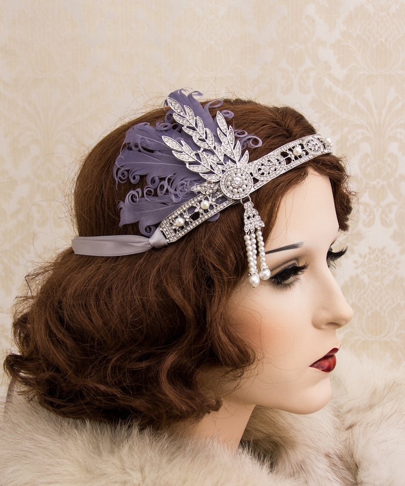 Silver Flapper Headband with Dusty Purple Feathers Great Gatsby Headband Great Gatsby Costume 1920's Headband image 4