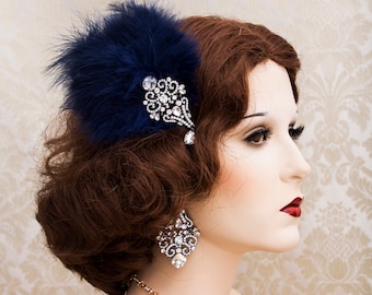 Great Gatsby Headpiece, Navy blue Feather Headpiece, 1920s Roaring Flapper Headbands, Rhinestone Crystal Headband,  Feather Hair Accessories