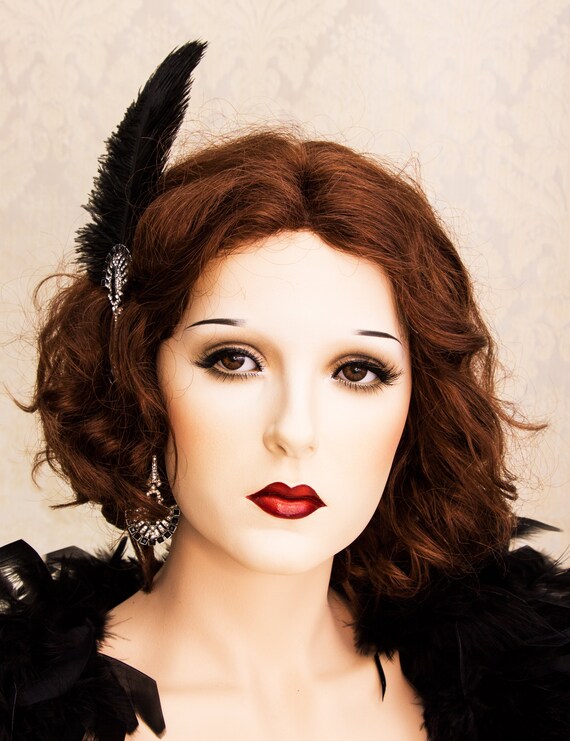 Black Feather Great Gatsby Hair Piece 1920s Roaring Flapper Headband Great Gatsby Headpiece Art Deco Headpiece