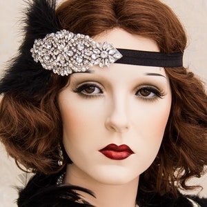 Black Feather 1920s Roaring Flapper Headbands, Great Gatsby Headpiece, Rhinestone Crystal Headband, Art Deco Earrings