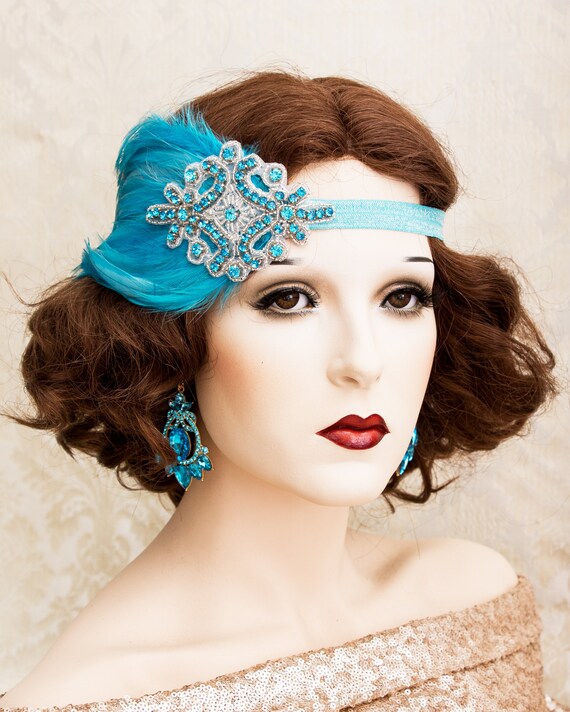 Turquoise Flapper Headband: Art Deco Rhinestone Feather  display picture 1