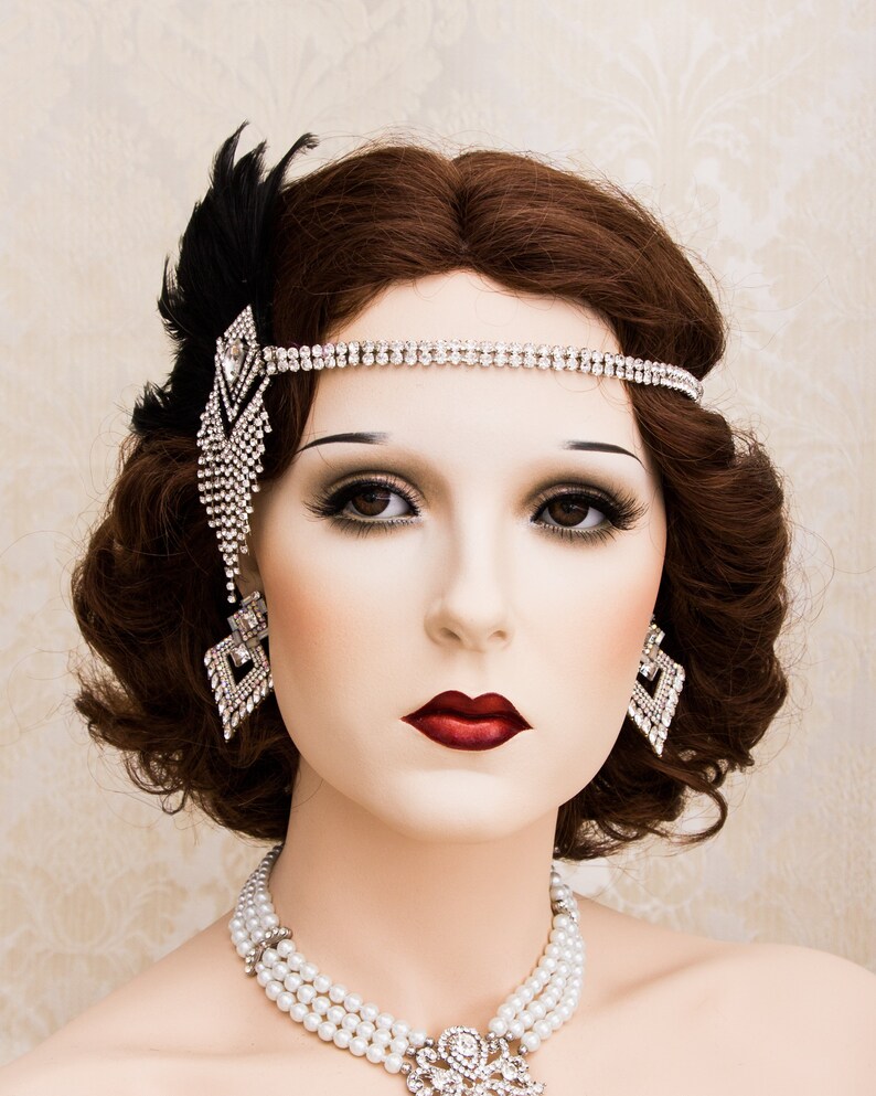 Art Deco 1920s Roaring Flapper Headbands, Feather Great Gatsby Headpiece, Rhinestone Crystal Headband, Flapper Accessories Gatsby Earrings image 3