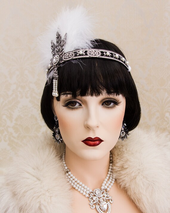 Art Deco Feather Headband: Rhinestone Gatsby Flapper  display picture 3
