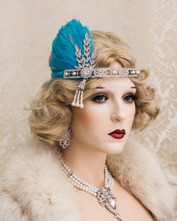 Gatsby Silver & Turquoise Blue Headpiece 20s Great Gatsby Party Costume Head Piece Hair Band  main image 3