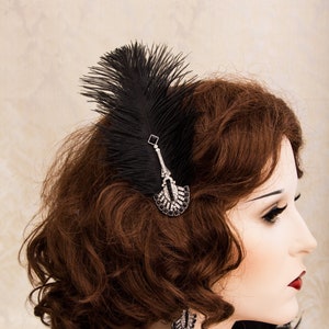 Black Feather Great Gatsby Hair Piece, 1920s Roaring Flapper Headband, Great Gatsby Headpiece, Rhinestone Crystal Headband