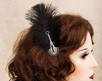 Black Feather Great Gatsby Hair Piece, 1920s Roaring Flapper Headband, Great Gatsby Headpiece, Rhinestone Crystal Headband