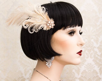 Blush Feather Great Gatsby Hair Piece, 1920s Roaring Flapper Headband, Great Gatsby Headpiece, Art Deco Headpiece