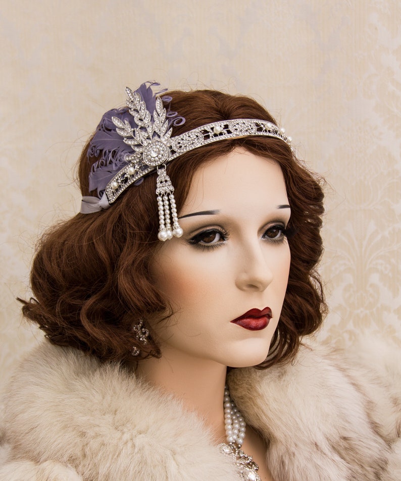 Silver Flapper Headband with Dusty Purple Feathers Great Gatsby Headband Great Gatsby Costume 1920's Headband image 2