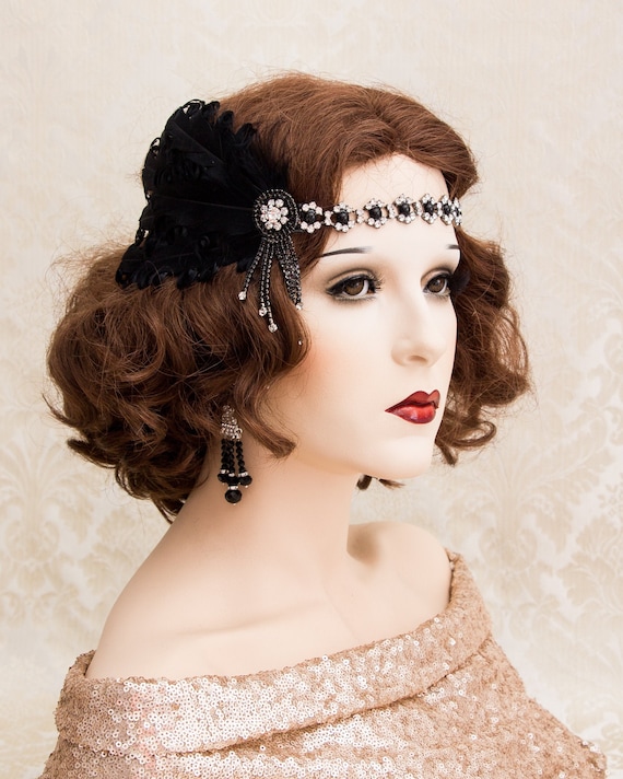 Fascia Capelli Anni 20 ArtiDeco - Accessorio Vintage Grande Gatsby Oro Nero - Foto 10