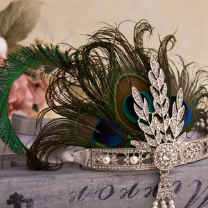 Retro 1920s Headpiece Wedding Bridal Headband Great Gatsby Art Deco Hair Style New Year Party Hair with Peacock Feathers image 2