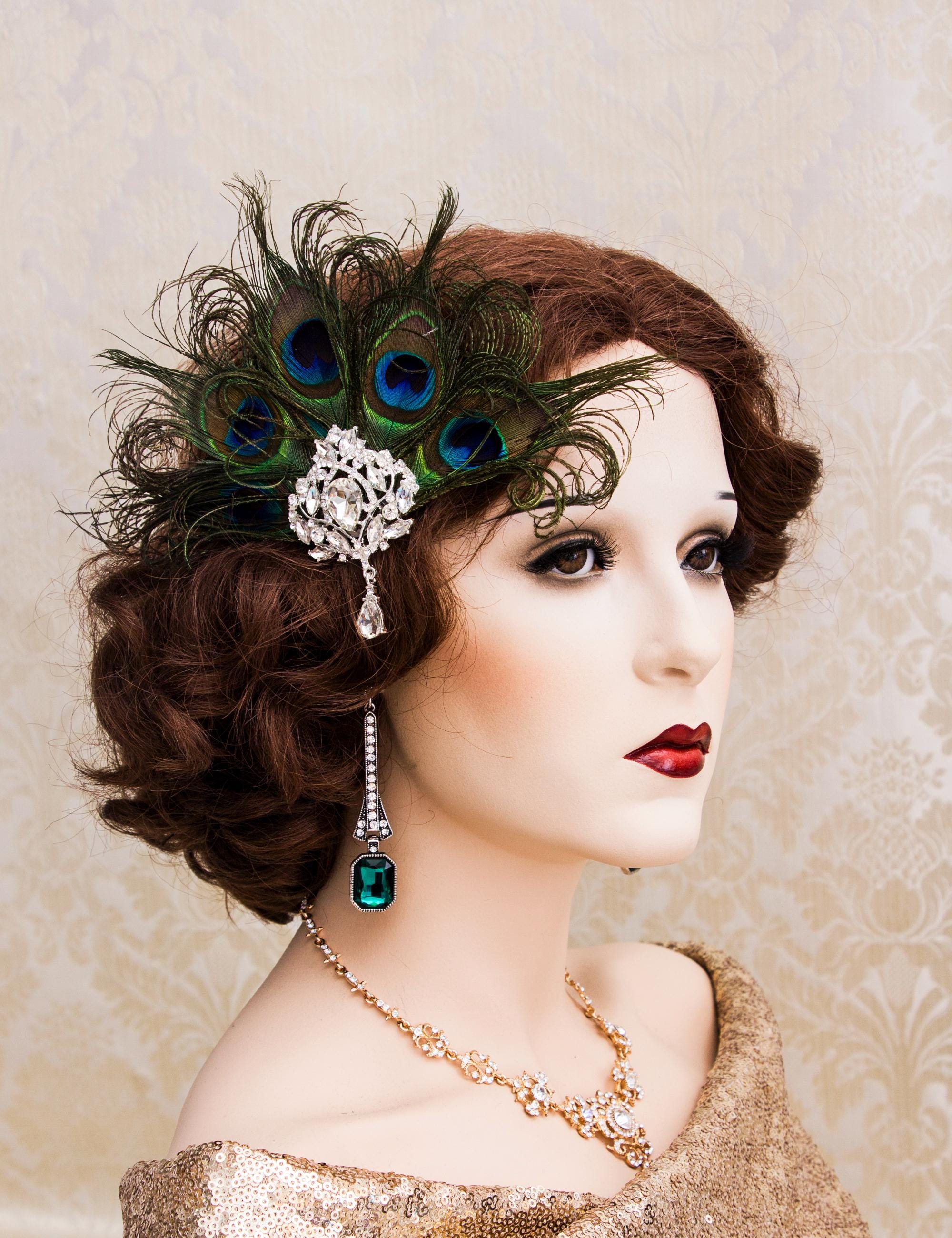 1920s Flapper Headband: Peacock Feather, Art Deco Rhinestone  display picture 1