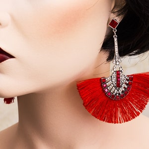 Art Deco Red Tassel Earrings: Crystal Gatsby Fringe Jewelry