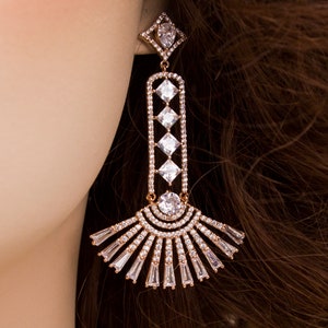 Rose Gold Art Deco Earrings: Gatsby CZ Drop Earrings