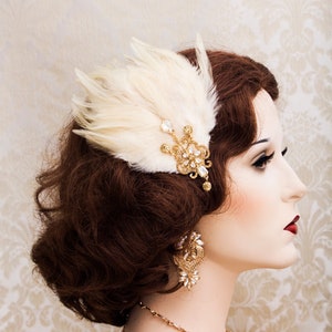 Gold Feather Hairpiece, Great Gatsby headpiece, Feather Hair Clip, New Year Party headpiece, Art Deco Earrings, 1920&#39;s party Accessories
