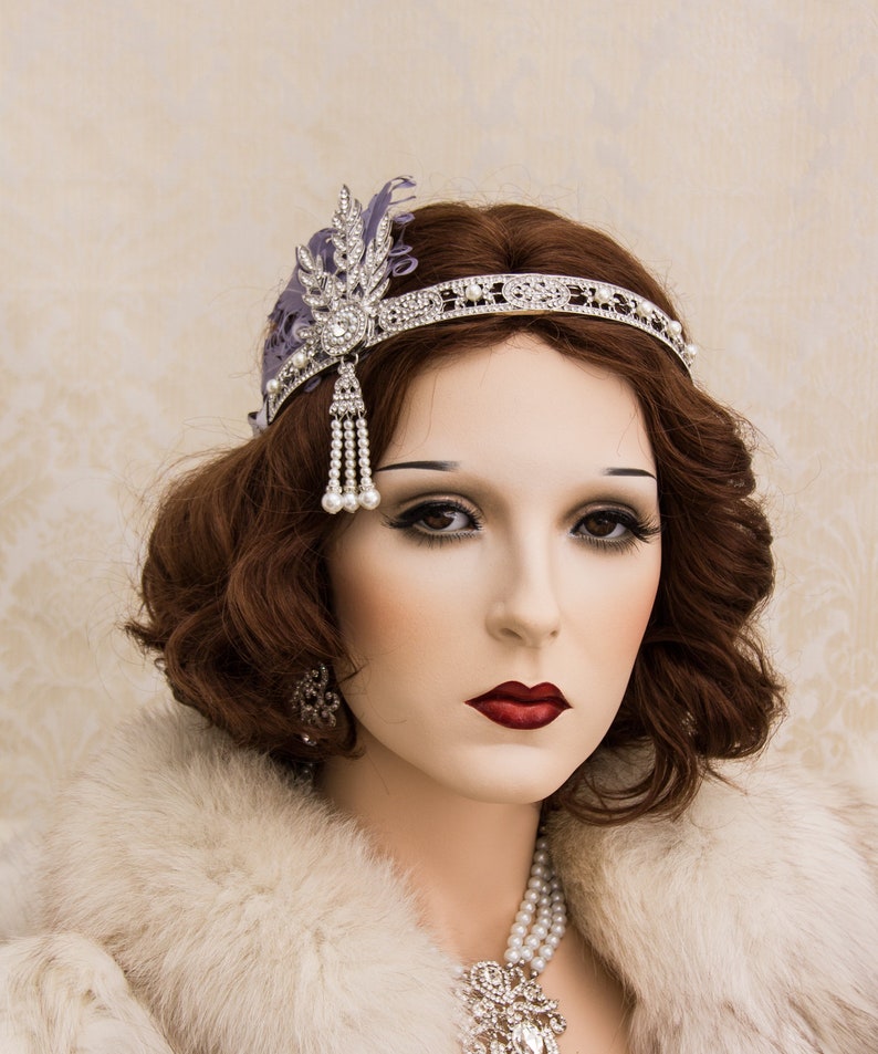 Silver Flapper Headband with Dusty Purple Feathers Great Gatsby Headband Great Gatsby Costume 1920's Headband image 3