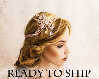 Rose Gold Retro 1920s Headpiece Wedding Bridal Headband Great Gatsby Art Deco Hair style