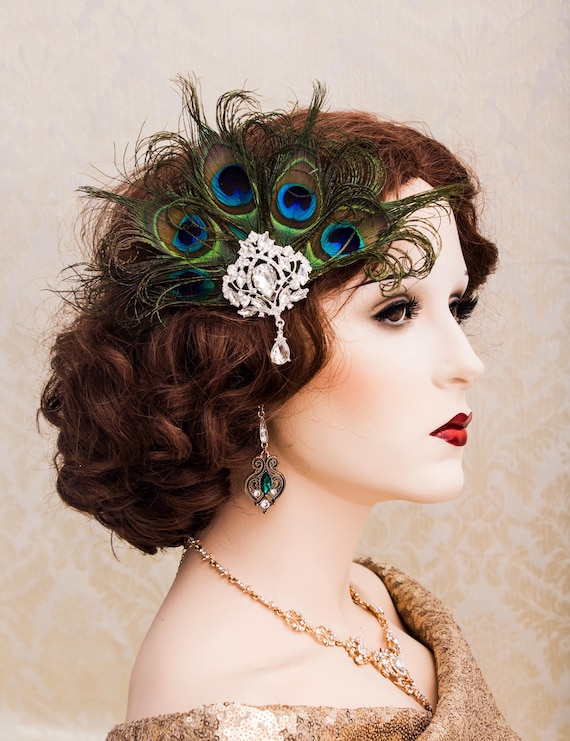 1920s Flapper Headband: Peacock Feather, Art Deco Rhinestone  display picture 1