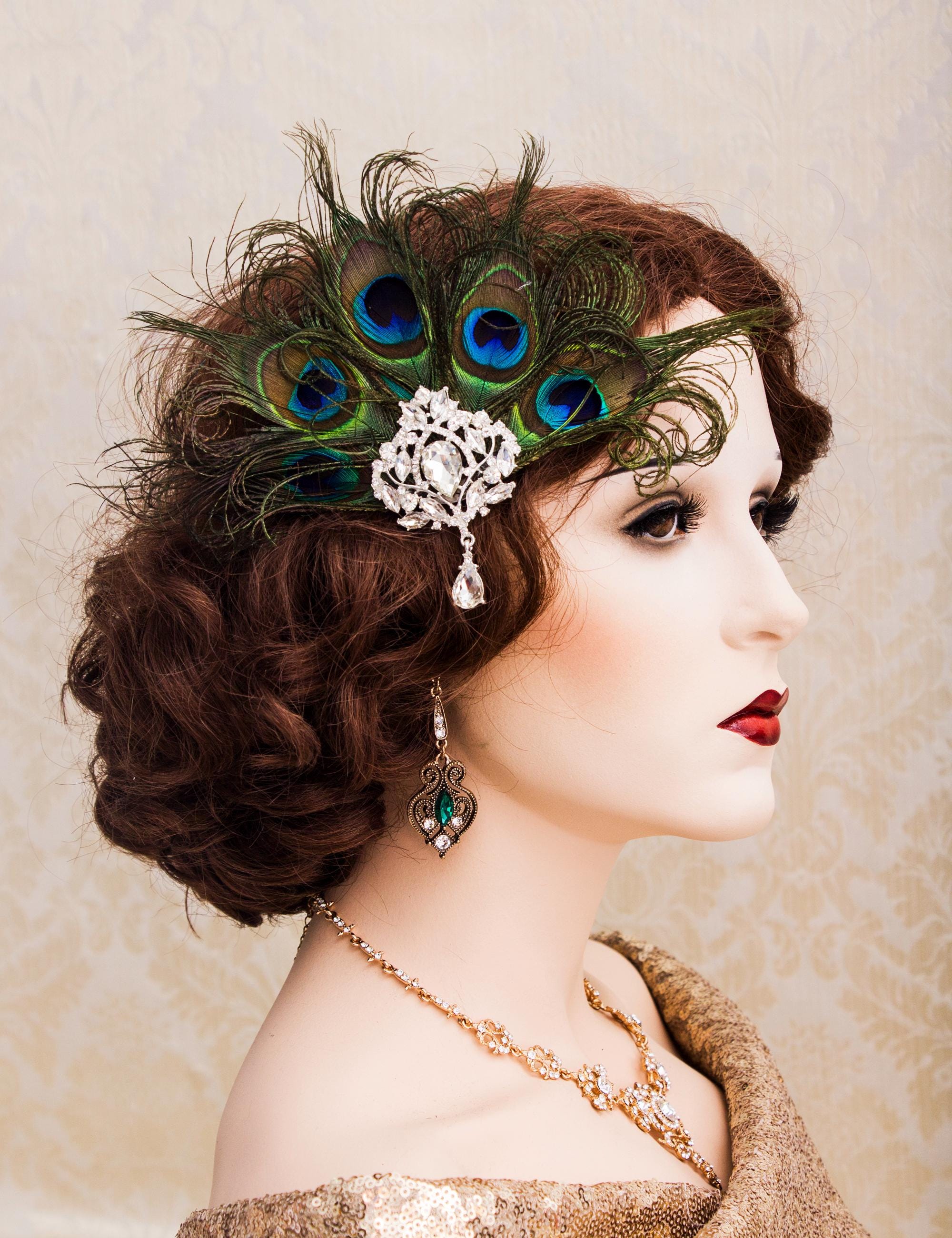 Flapper Headband 1920s Roaring 20s Feather Crystal Rhinestones Beads Shop 1920s Headpieces - Leaf Feather Headband | BABEYOND main image 3