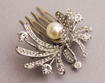 Pearl Bridal Hair Comb Wedding Hair Comb Silver Rhinestone Hair Comb Floral Wedding Headpiece Bridesmaid Comb Bridal Hair Piece