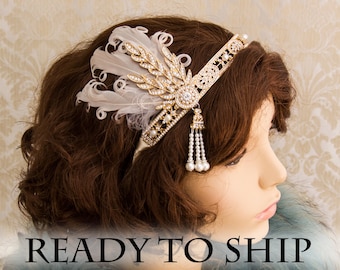 Gold Flapper Headband Great Gatsby Headband with Feathers Costume Great Gatsby Costume 1920's Headband Wedding Headband Bridal Headpiece