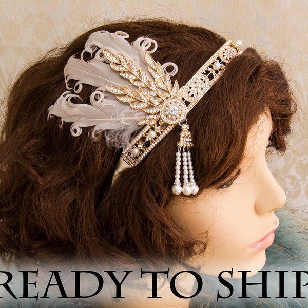 Gold Flapper Headband Great Gatsby Headband with Feathers Costume Great Gatsby Costume 1920's Headband Wedding Headband Bridal Headpiece