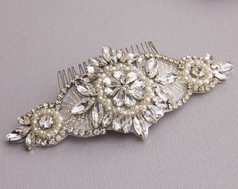 Vintage Pearl Rhinestone Hair Comb, Silvertone Bridal  display picture 3