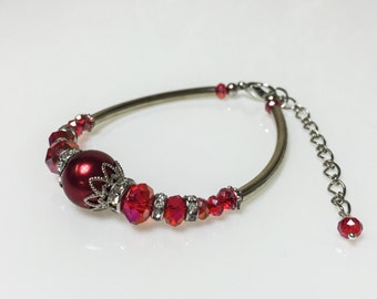 Red Bracelet Unique Valentines Day Gift For Her For Women Red Pearl Bracelet, Red Crystal Jewelry for Valentine